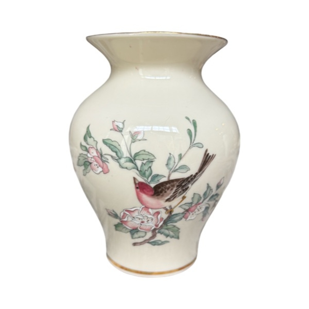 Lenox Serenade 5 3/4" Medium Sized Vase - Pink Flowers/Green Leaves - Bird
